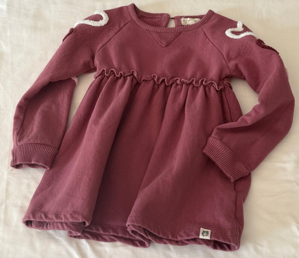 Girls Toddler Organic Rabbit Bear Sz 2T Sweater Dress with Hearts Pink Mauve